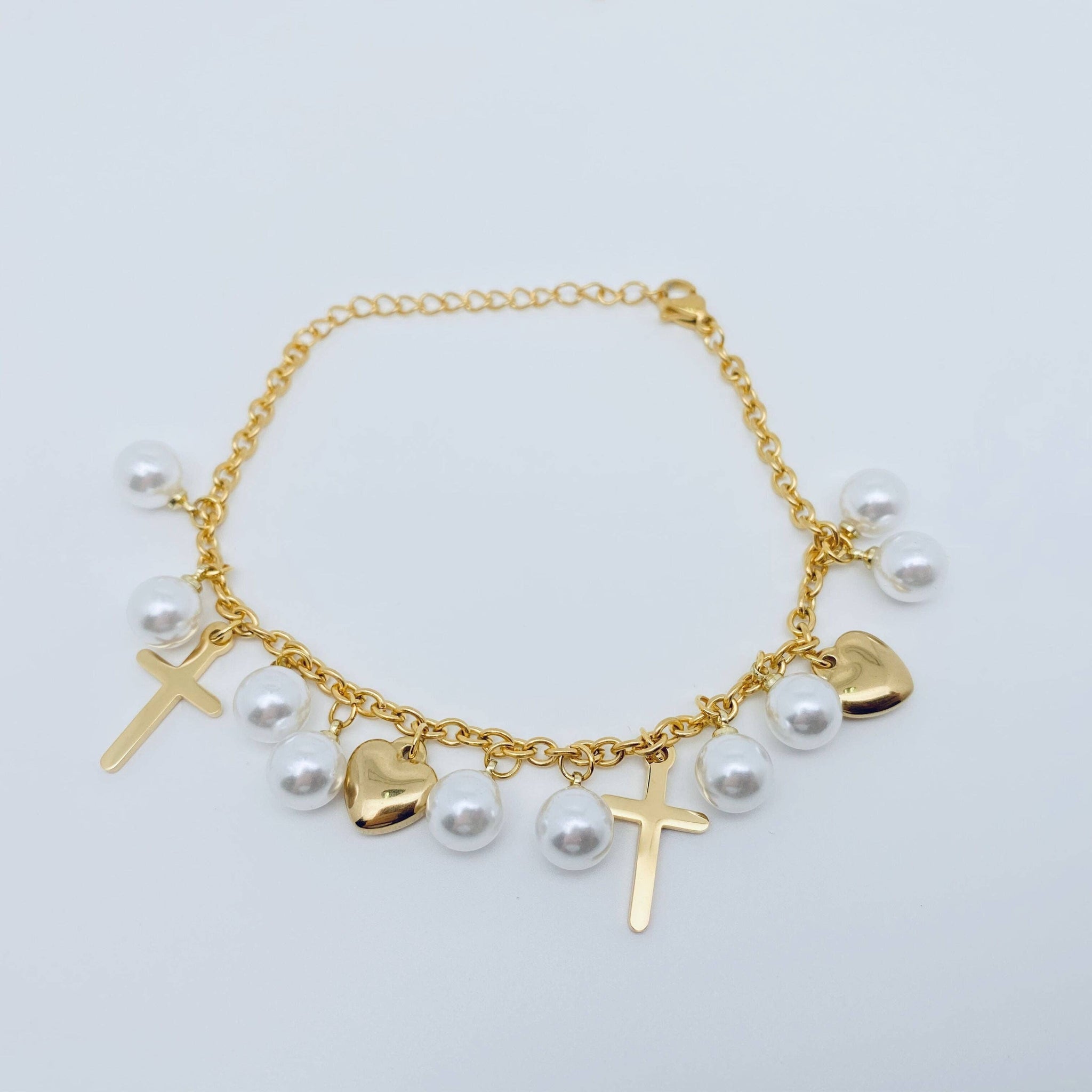 Cross ，Pearl， Heart Shape Pendant Stainless Steel Bracelet