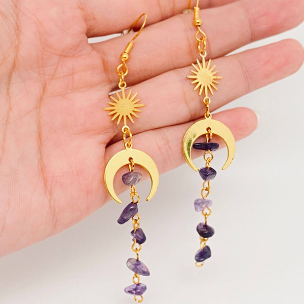 Purple Asymmetric Crystal Tassel Pendant Earrings